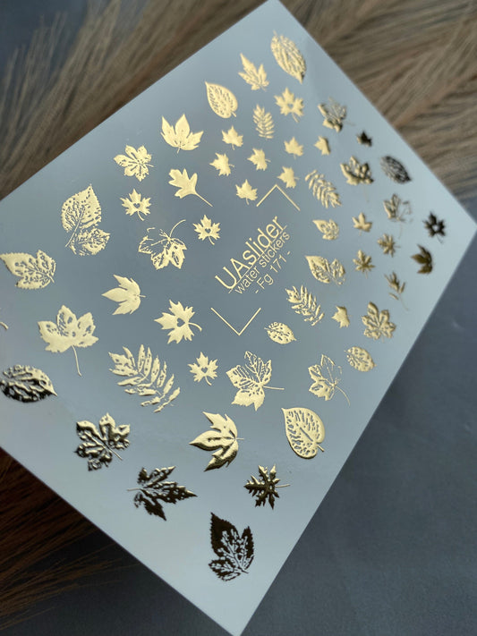 UA Slider 2D Nail Decal FG-171 Gold Foil Nail Water Decal / Variety Of Fall Leaf Shapes / Maple Leaves/ Autumn Leaf / Fall Vibes