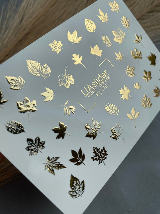 UA Slider 2D Nail Decal FG-175 Gold Foil Nail Water Decal / Maple Leaves/ Elegant/ Autumn /Botanical/ Oak Leaf Nails/Thanksgiving Nails