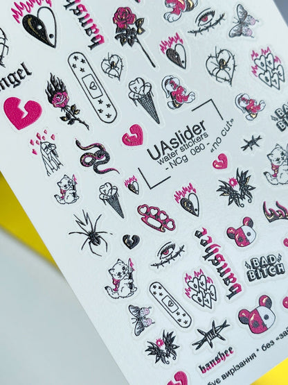 UA Slider 2D Nail Decal NCG-080 No-Cut Pink & Black Emo Nail Water Decals