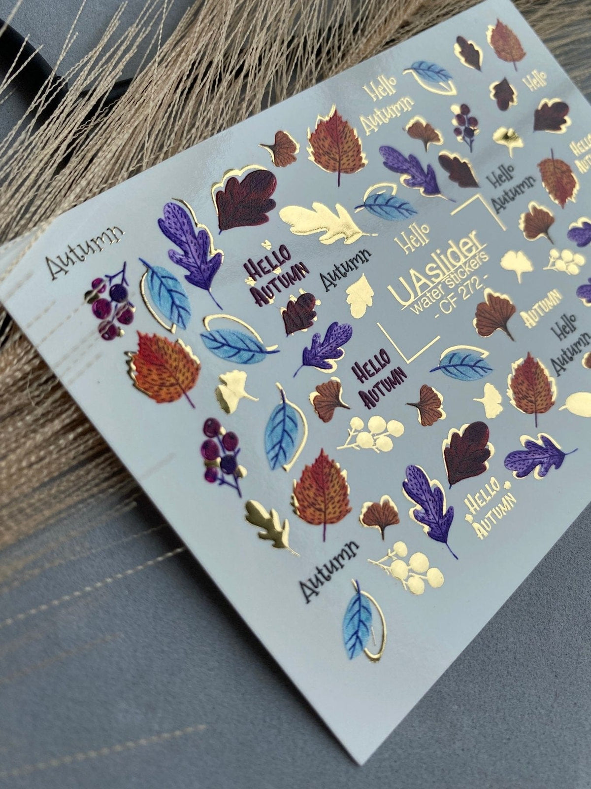 XND Products 2D Nail Decal CF-272 Autumn Nail Water Decals / Colorful Fall Leaves / Hello Autumn / Gold Foil