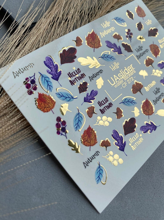 XND Products 2D Nail Decal CF-272 Autumn Nail Water Decals / Colorful Fall Leaves / Hello Autumn / Gold Foil