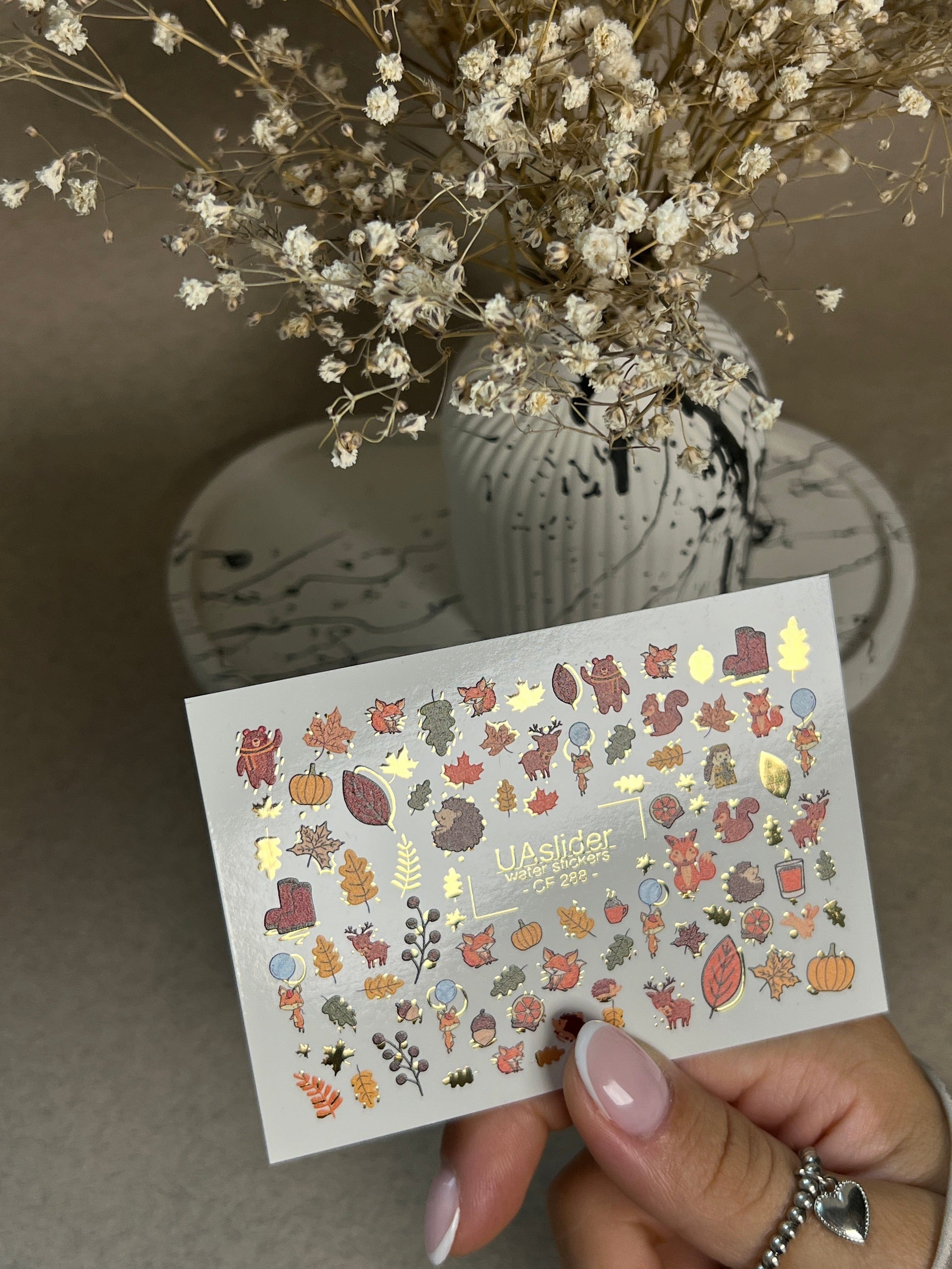 UA Slider 2D Nail Decal CF-288 Nail Water Decal Gold FOIL/ Autumn /Woodland/Forest/ Fall /Leaves/ Animals/ Maple Leaves