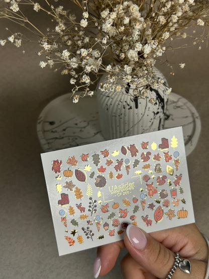 UA Slider 2D Nail Decal CF-288 Nail Water Decal Gold FOIL/ Autumn /Woodland/Forest/ Fall /Leaves/ Animals/ Maple Leaves