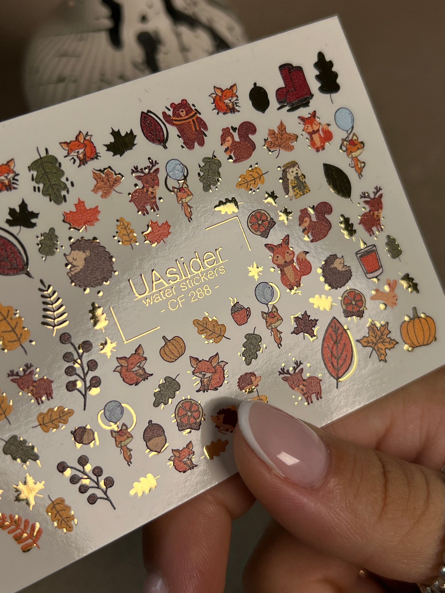 UA Slider 2D Nail Decal CF-288 Nail Water Decal Gold FOIL/ Autumn /Woodland/Forest/ Fall /Leaves/ Animals/ Maple Leaves