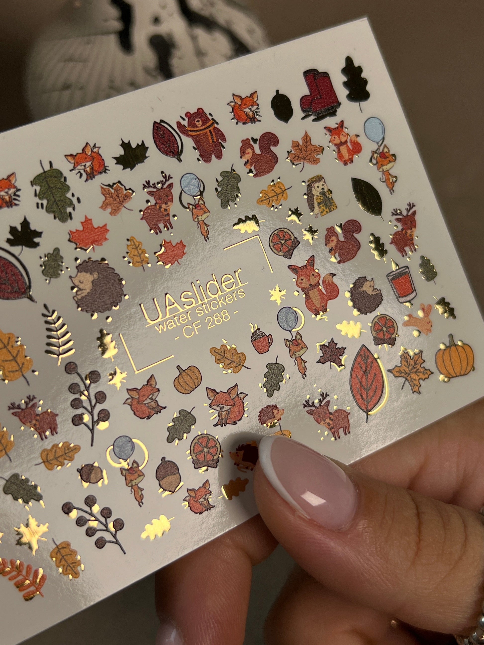 UA Slider 2D Nail Decal CF-288 Nail Water Decal Gold FOIL/ Autumn /Woodland/Forest/ Fall /Leaves/ Animals/ Maple Leaves