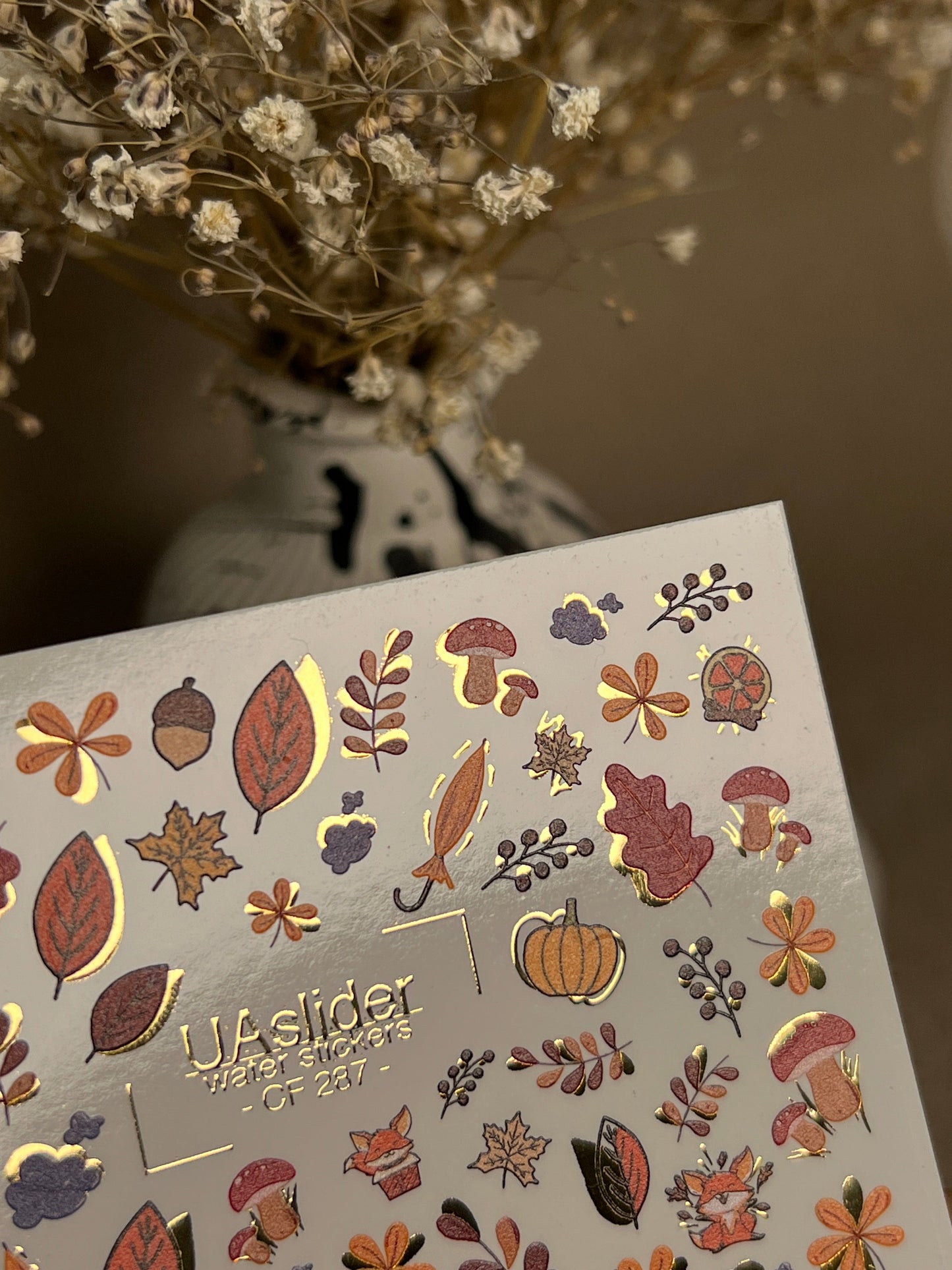 UA Slider 2D Nail Decal CF-287 Nail Water Decal Gold FOIL/ Autumn /Forest/ Fall /Leaves/ Colorful Maple Leaves