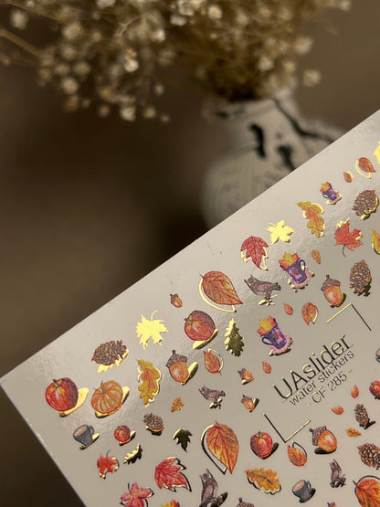 UA Slider 2D Nail Decal CF-285 Nail Water Decal Gold FOIL/  Autumn Harvest / Fall Pumpkins/ Leaves/ Acorns/ Fall Nails