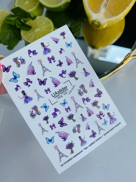 UA Slider 2D Nail Decal NCG-104 NO CUT Paris Lavender & Butterfly Water Decals