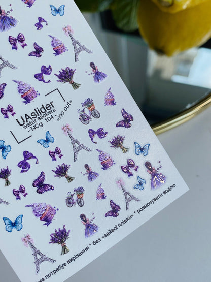 UA Slider 2D Nail Decal NCG-104 NO CUT Paris Lavender & Butterfly Water Decals