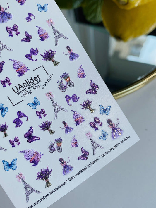 UA Slider 2D Nail Decal NCG-104 NO CUT Paris Lavender & Butterfly Water Decals