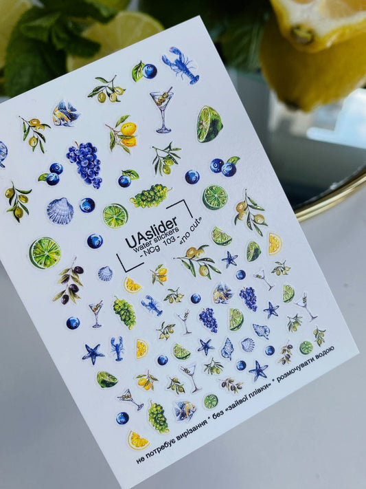 UA Slider 2D Nail Decal NCG-103 NO CUT Blue Olive & Cocktail Water Decals