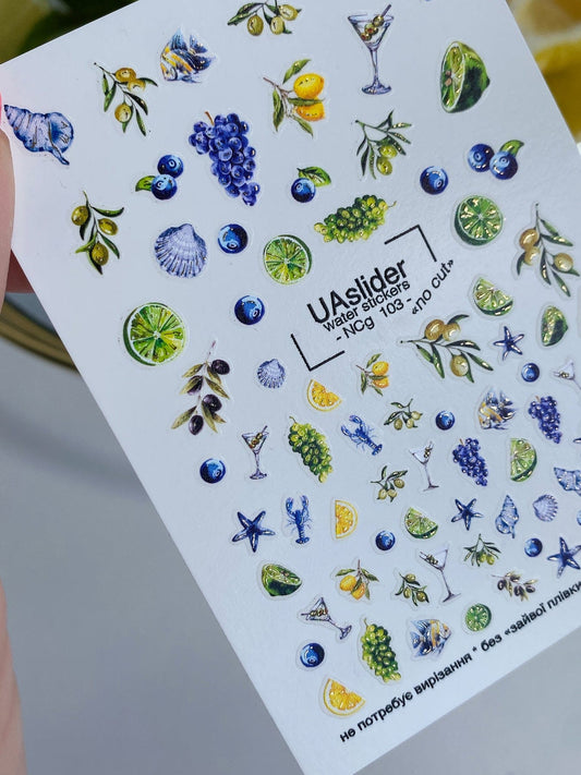 UA Slider 2D Nail Decal NCG-103 NO CUT Blue Olive & Cocktail Water Decals