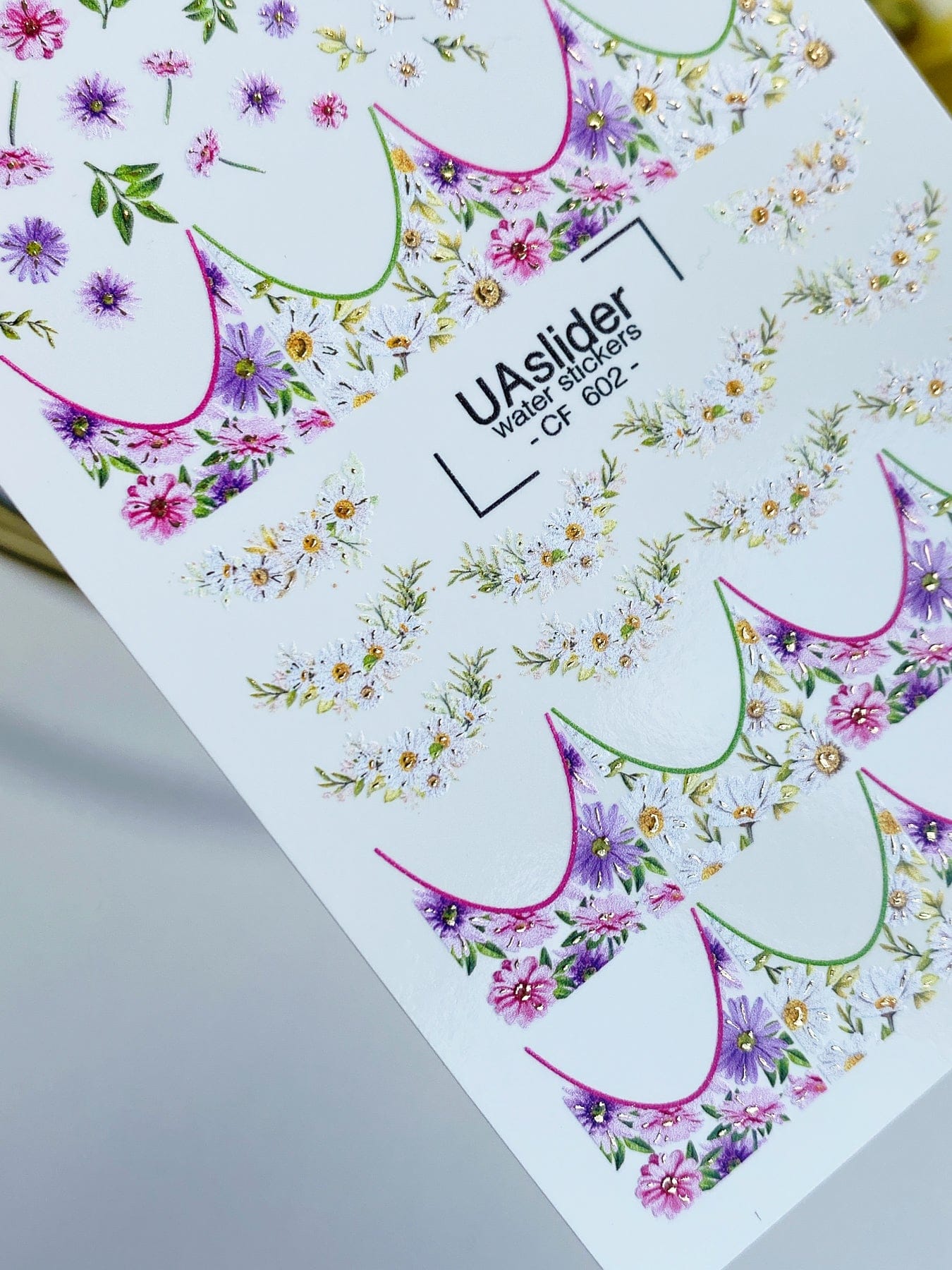 UA Slider 2D Nail Decal CF-602 Nail Water Decal Gold FOIL/ Floral French Tip/ Colorful Garden/ Mini blossoms/Flowers