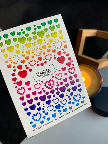 UA Slider 2D Nail Decal NC-009 Rainbow Heart Nail Decals NO CUT | Gradient Color Heart Nail Art