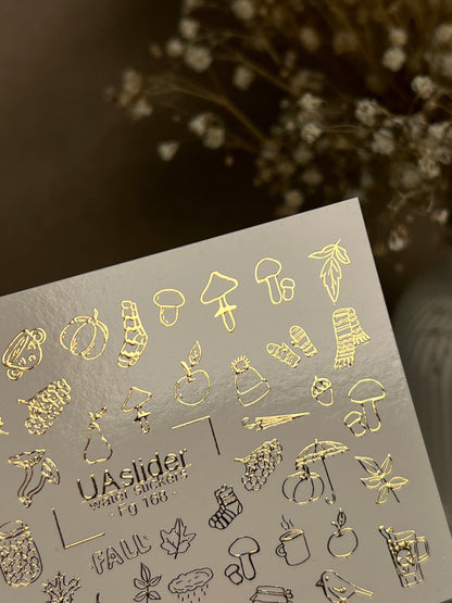 UA Slider 2D Nail Decal FG-168 Gold Foil Nail Water Decal /Autumn Nails / Fall Icons/ Leaves/ Acorns/ Pumpkins