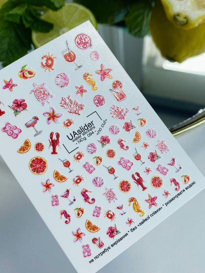 UA Slider 2D Nail Decal NCG-094 NO CUT Coral Seashell & Tropical Cocktail Water Decals