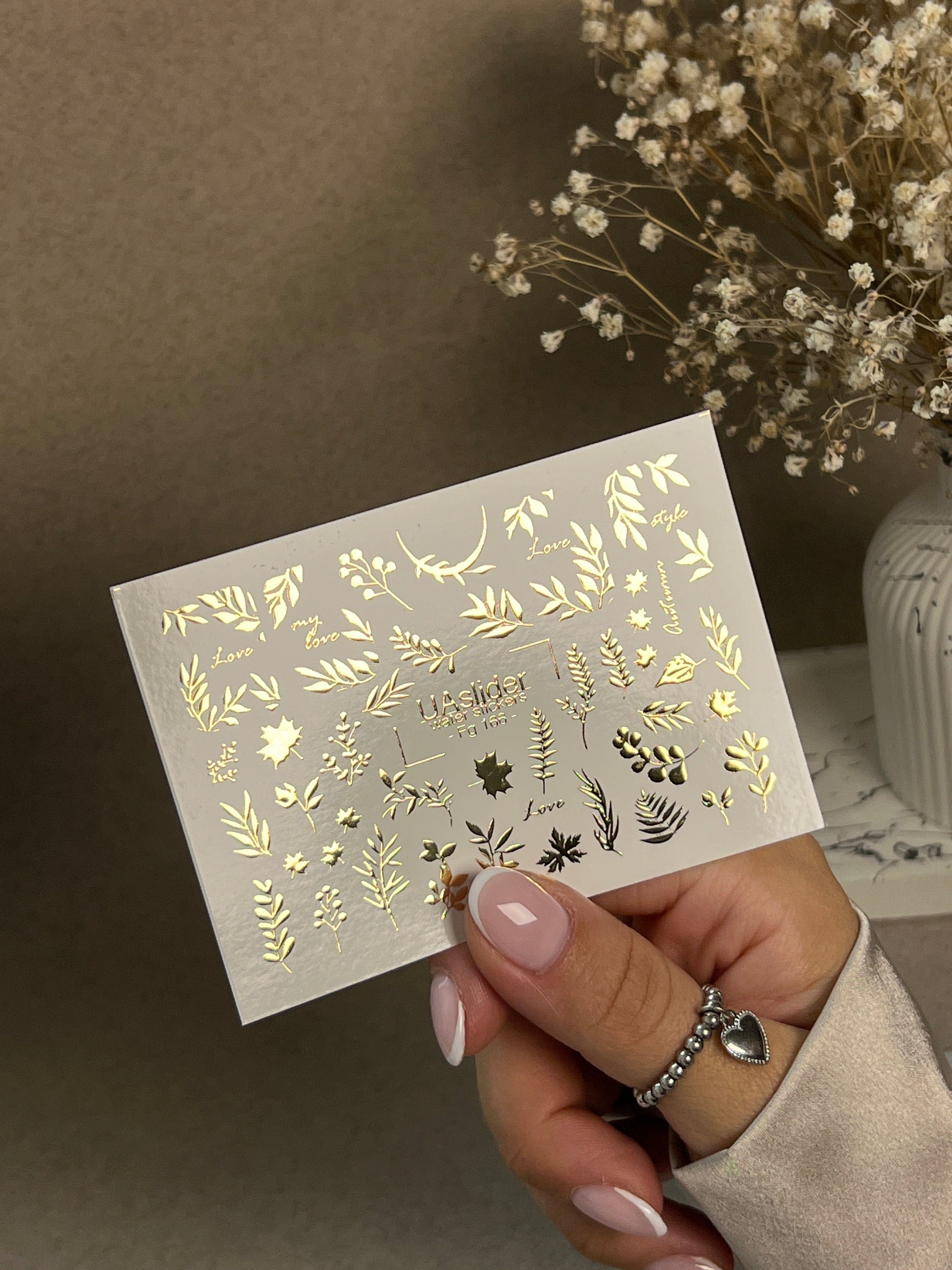 UA Slider 2D Nail Decal FG-166 Gold Botanical Nail Decals – Foil Leaves, Branches & Minimalist Nature Nail Art