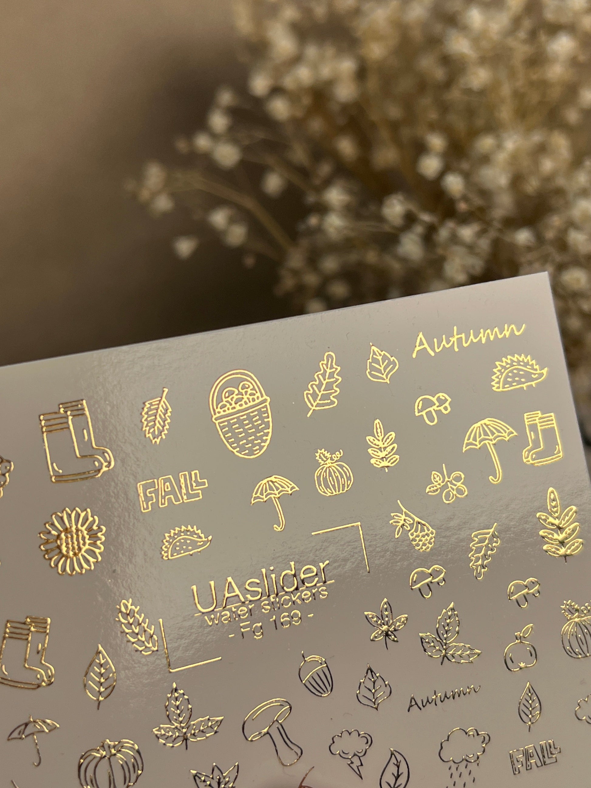 UA Slider 2D Nail Decal FG-169 Gold Foil Nail Water Decal /Autumn Vibes / Fall Icons/ Pinecones/ Leaves/ Acorns/ Mushrooms
