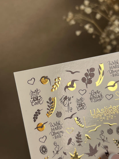 UA Slider 2D Nail Decal CF-273 Nail Water Decal Gold FOIL/ Autumn/ Pumpkins/ Thanksgiving/ Leaves/Citrus/ Black & Gold/ Quotes