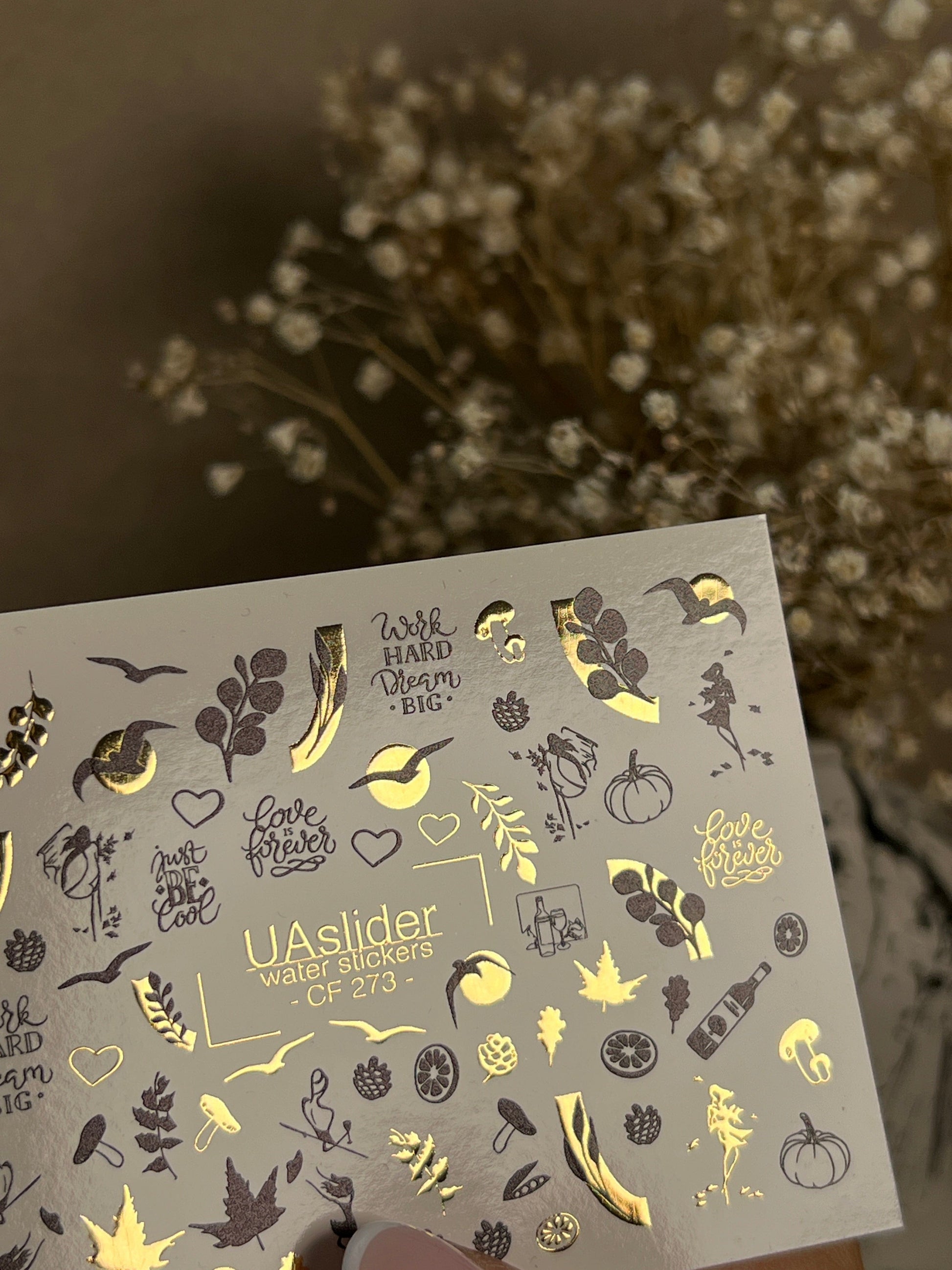 UA Slider 2D Nail Decal CF-273 Nail Water Decal Gold FOIL/ Autumn/ Pumpkins/ Thanksgiving/ Leaves/Citrus/ Black & Gold/ Quotes