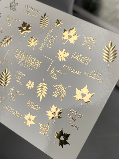 UA Slider 2D Nail Decal FG-173 Gold Foil Nail Water Decal / Autumn Leaves/ Maple Leaves / Inspiring Phrases / Fall Vibes