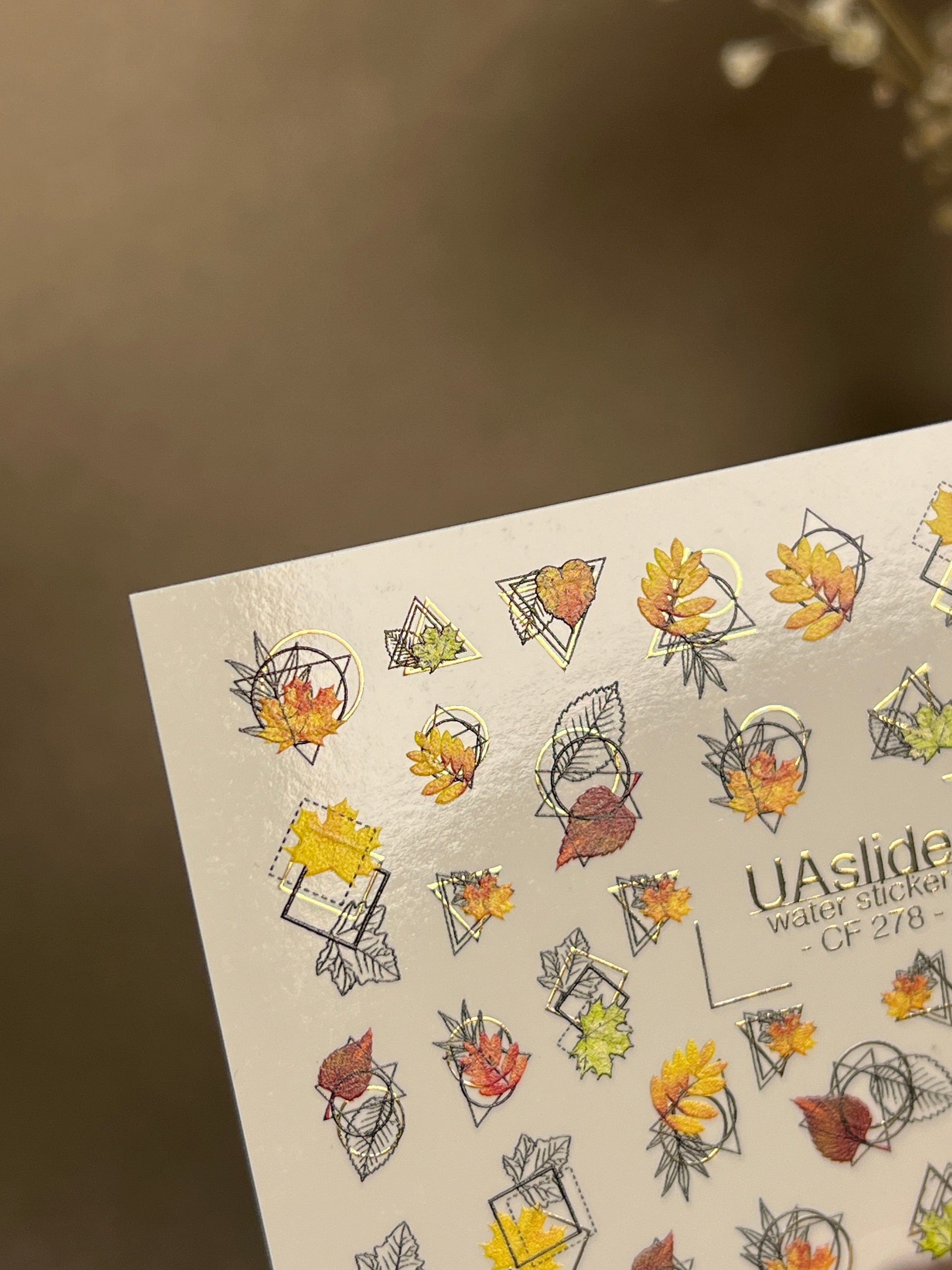 UA Slider 2D Nail Decal CF-278 Nail Water Decal Gold FOIL/  Geometric Autumn Leaf /Abstract Nails / Thanksgiving Manicures / Botanical