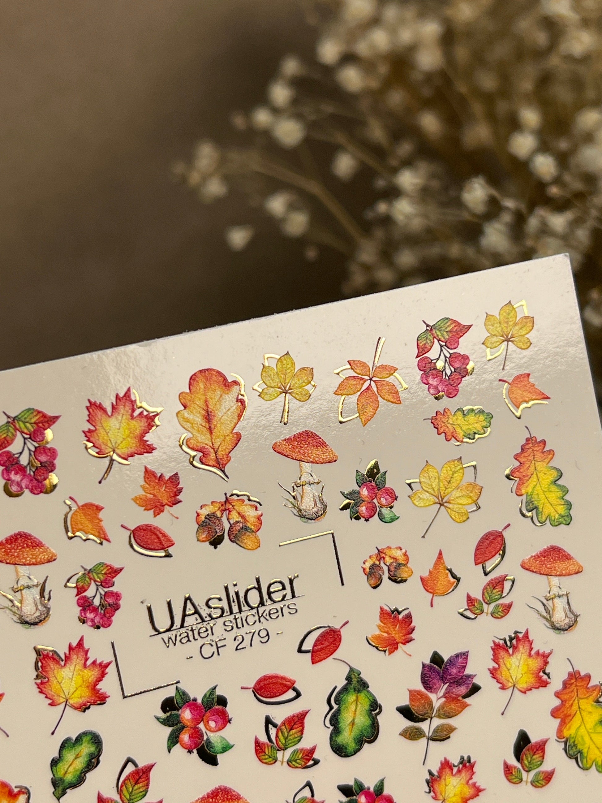 UA Slider 2D Nail Decal CF-279 Nail Water Decal Gold FOIL/  Colorful Fall /Leaves/Flowers/ Colorful Maple Leaves/ Berries/ Water Nail Decals/ Water Stickers/Nail Art