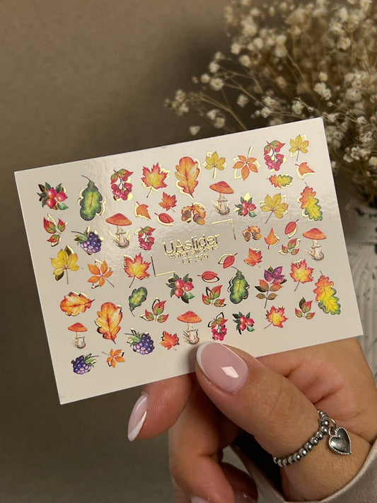 UA Slider 2D Nail Decal CF-279 Nail Water Decal Gold FOIL/  Colorful Fall /Leaves/Flowers/ Colorful Maple Leaves/ Berries/ Water Nail Decals/ Water Stickers/Nail Art