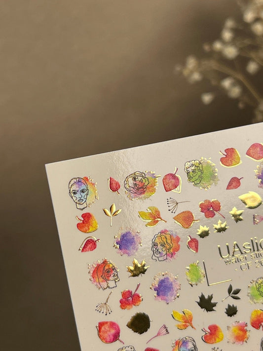 XND Products 2D Nail Decal CF-264 Autumn Nail Water Decals / Abstract Faces / Watercolor / Fall Leaves / Gold Foil