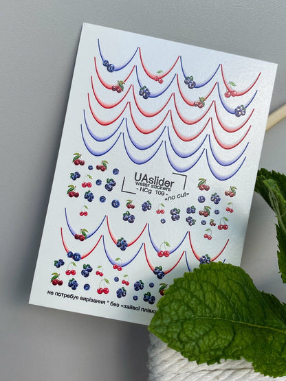 UA Slider 2D Nail Decal NCG-109 NO CUT Cherry & Blueberry Garland French LinecNail Water Decals