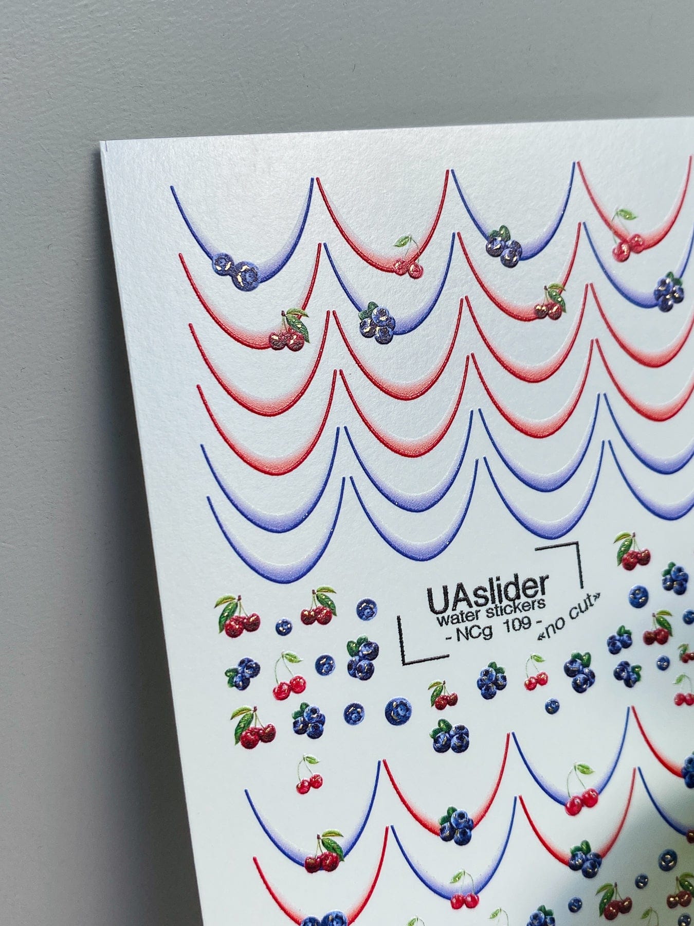 UA Slider 2D Nail Decal NCG-109 NO CUT Cherry & Blueberry Garland French LinecNail Water Decals