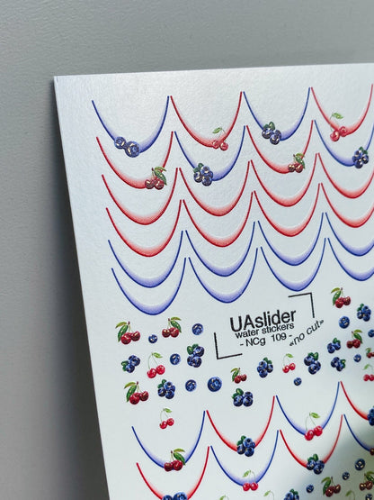 UA Slider 2D Nail Decal NCG-109 NO CUT Cherry & Blueberry Garland French LinecNail Water Decals