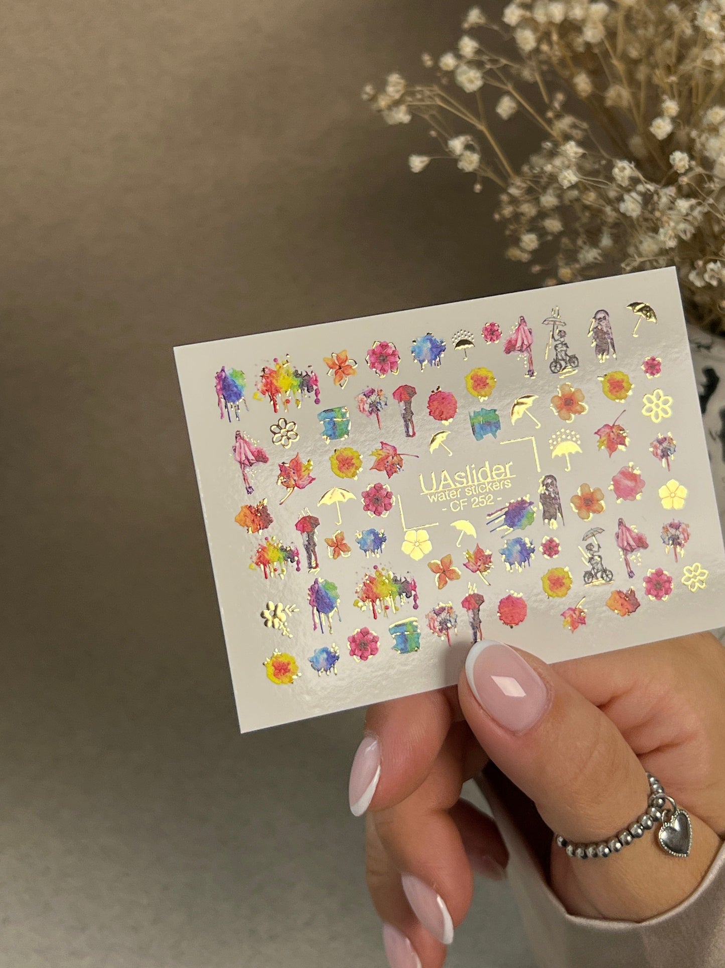 UA Slider 2D Nail Decal CF-252 Artistic Floral Nail Art Water Decals with Gold Foil | Abstract Fashion Nail Design