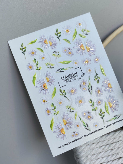 UASlider Nail Water Decals NCg-113 White Daisy Gold Foil Nail Water Decals - No Cut Botanical Floral Nail Art