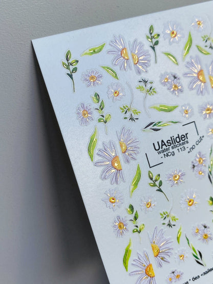 UASlider Nail Water Decals NCg-113 White Daisy Gold Foil Nail Water Decals - No Cut Botanical Floral Nail Art