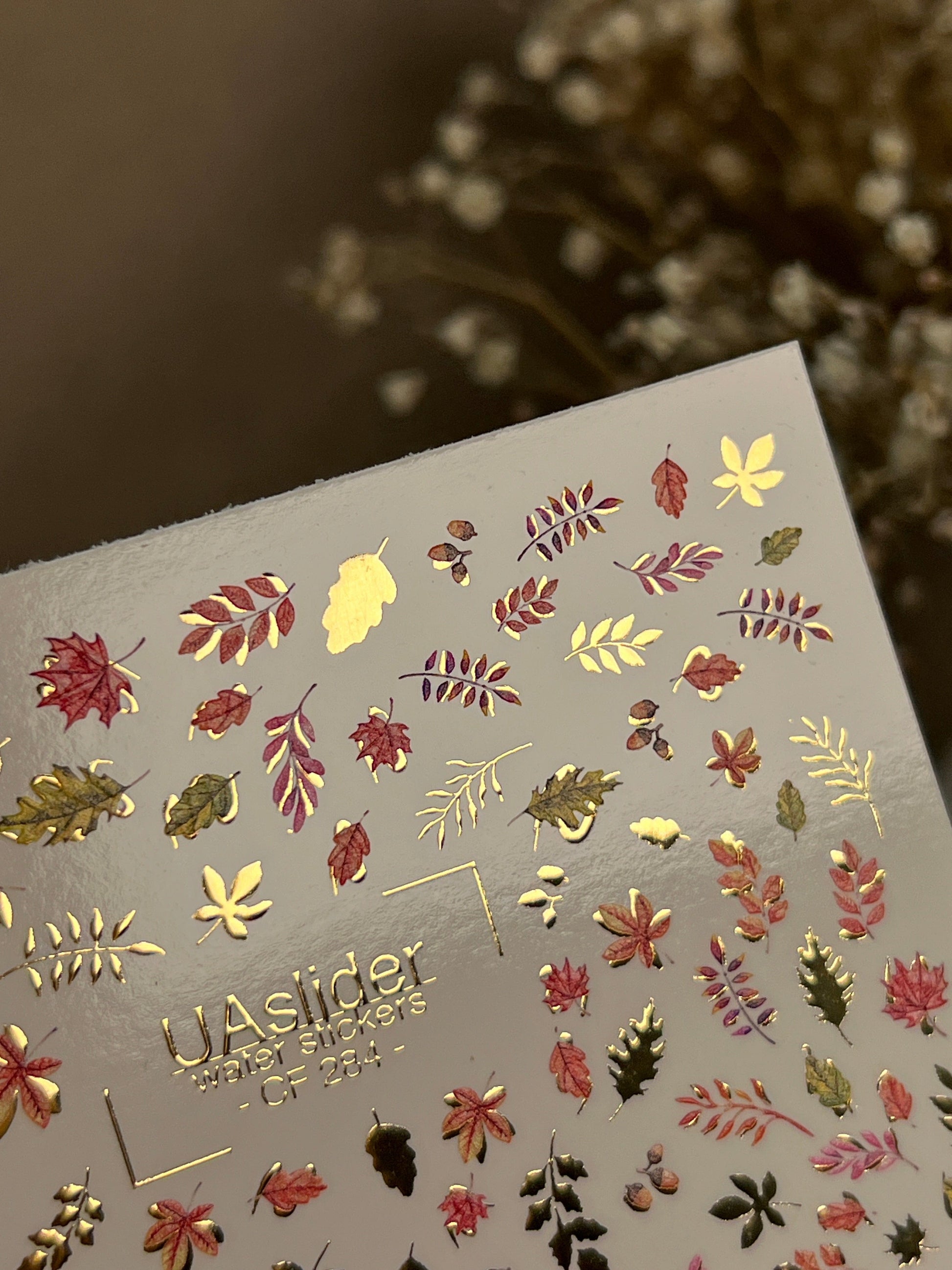 UA Slider 2D Nail Decal CF-284 Nail Water Decal Gold FOIL/  Colorful Fall /Leaves/ Colorful Maple Leaves/ Botanical/ Fall Nails