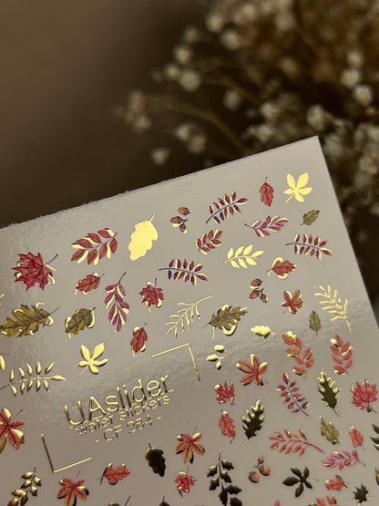 UA Slider 2D Nail Decal CF-284 Nail Water Decal Gold FOIL/  Colorful Fall /Leaves/ Colorful Maple Leaves/ Botanical/ Fall Nails