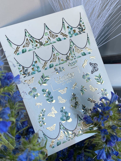 UASlider 2D Nail Decal CF-614 Eucalyptus Gold Foil Butterfly & Dragonfly Nail Water Decals - Botanical Scallop French Tips