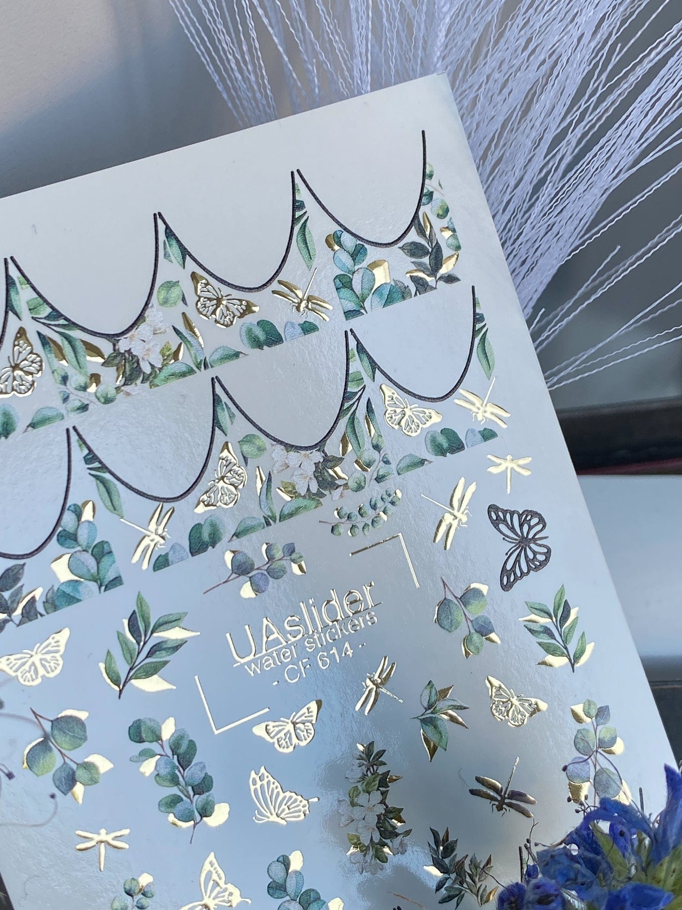 UASlider 2D Nail Decal CF-614 Eucalyptus Gold Foil Butterfly & Dragonfly Nail Water Decals - Botanical Scallop French Tips