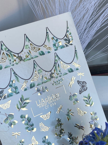 UASlider 2D Nail Decal CF-614 Eucalyptus Gold Foil Butterfly & Dragonfly Nail Water Decals - Botanical Scallop French Tips