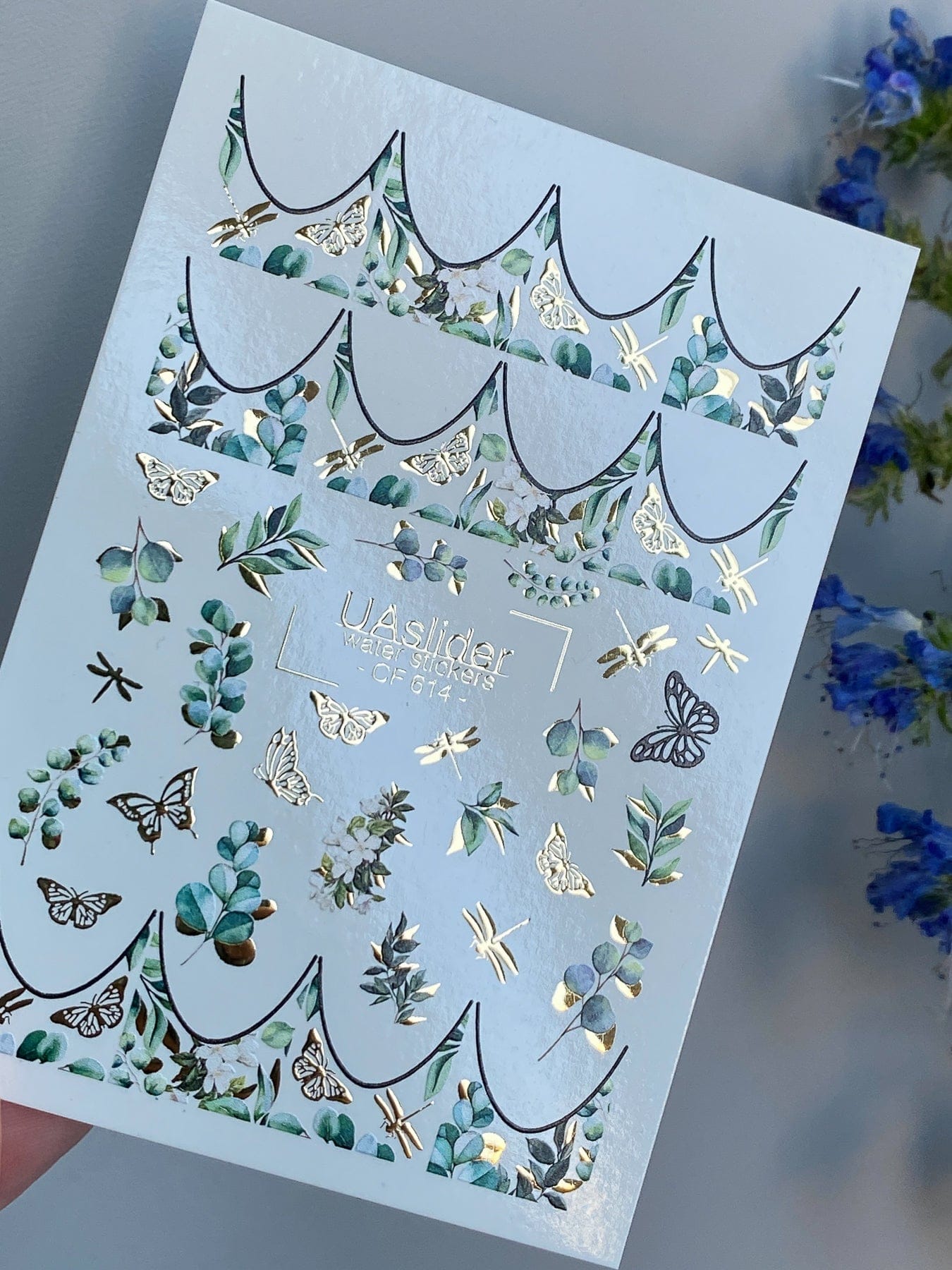 UASlider 2D Nail Decal CF-614 Eucalyptus Gold Foil Butterfly & Dragonfly Nail Water Decals - Botanical Scallop French Tips