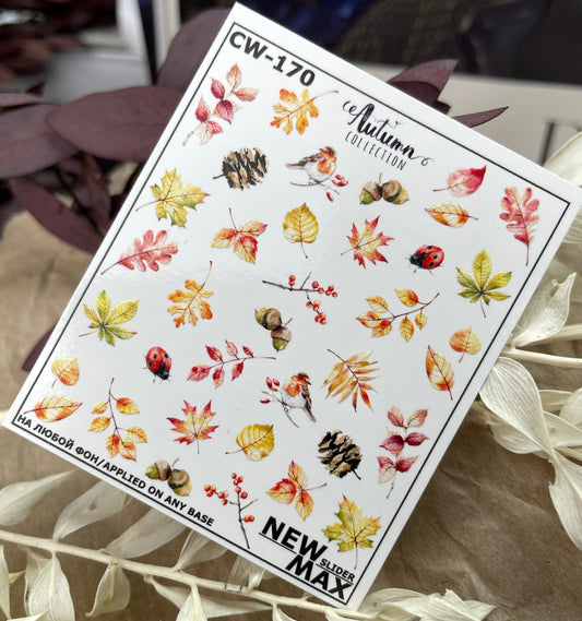 New Max 2D Nail Decal Nail Decal 2D Autum/ Fall Leaves/ Maple Leaf/ Foliage/ Ladybug/ Fall/ Maple Leaf/ Foliage/ Water Decals/ Water Stickers/ Nail Art
