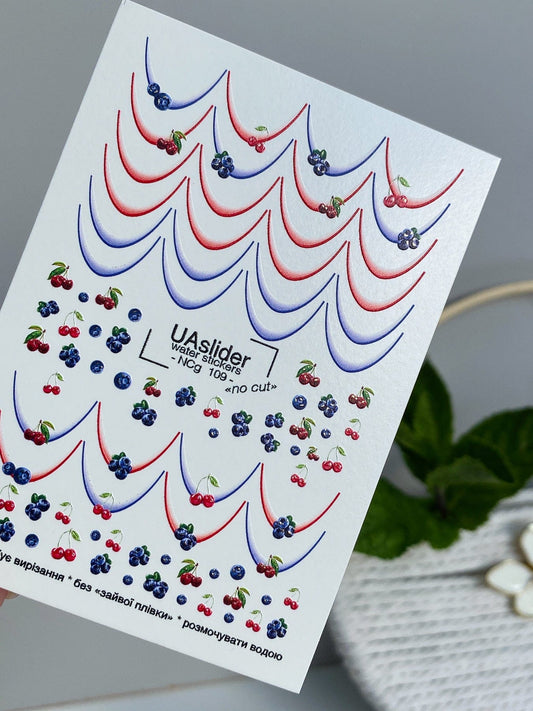 XND Products 2D Nail Decal NCG-109 Berry French Tip Water Decals – Cherries & Blueberries Fruit Nail Art