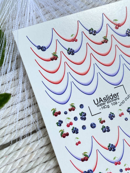 XND Products 2D Nail Decal NCG-109 Berry French Tip Water Decals – Cherries & Blueberries Fruit Nail Art