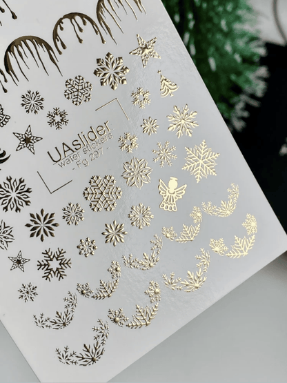 FG-297 gold foil snowflakes stars angel Christmas tree nail decals close up