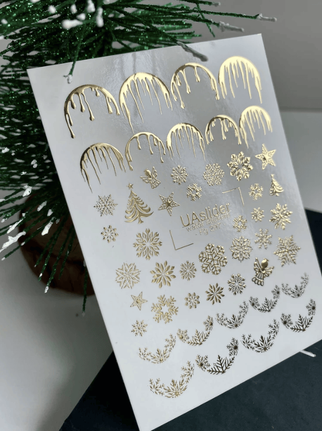 FG-297 gold foil Christmas nail water decal sheet with snowflakes and drip French tips