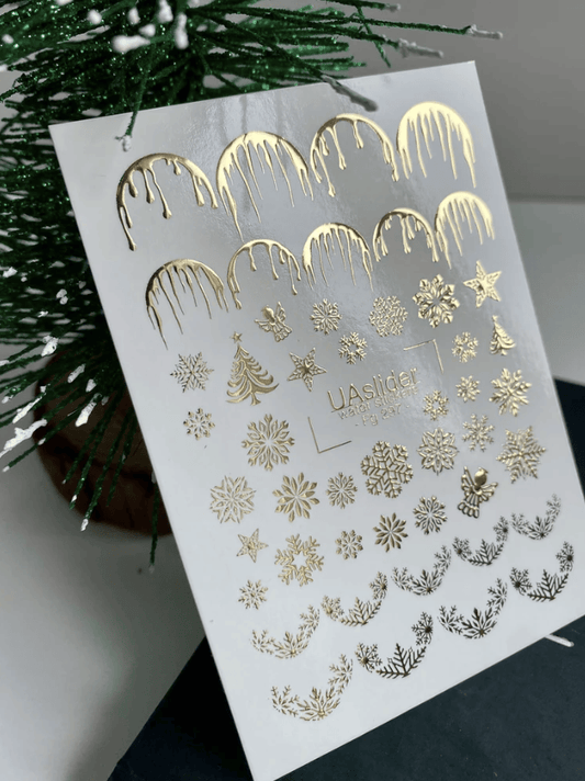 UASlider 2D Nail Decal FG-297 Gold Foil Water Decals – Snowflakes, Drip French Tips, Stars, Christmas Trees & Angel Winter Nail Art