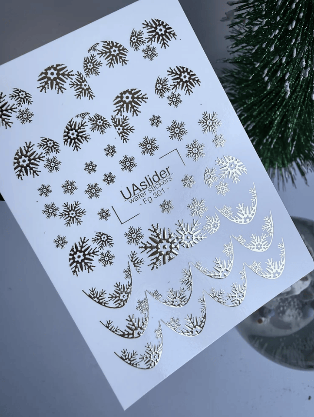 FG-301 gold foil snowflake nail water decal sheet with French tip arches