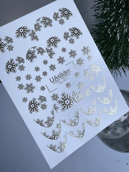FG-301 gold foil snowflake nail water decal sheet with French tip arches