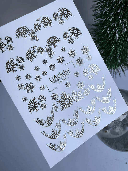 UASlider 2D Nail Decal FG-301 Gold Foil Water Decals – Snowflakes & Snowflake French Tip Arches Winter Christmas Nail Art